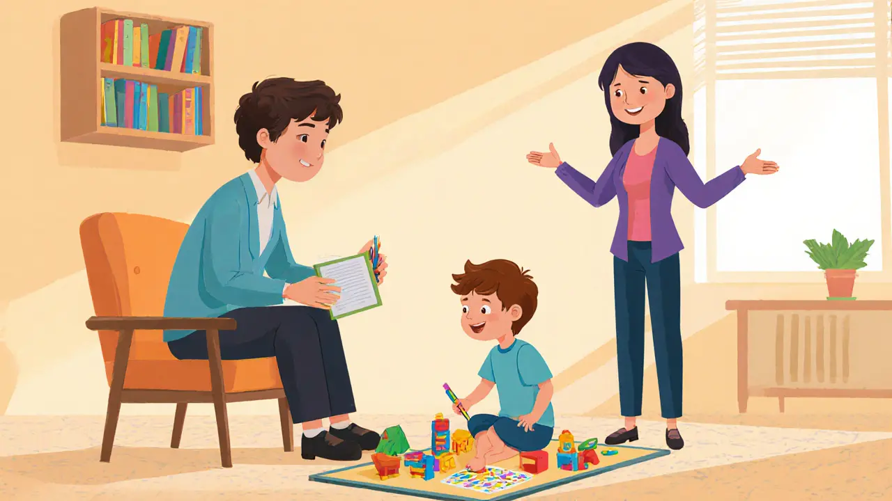 První návštěva psychologa: psycholog, dítě hrající si s hračkami a rodič v pozadí.