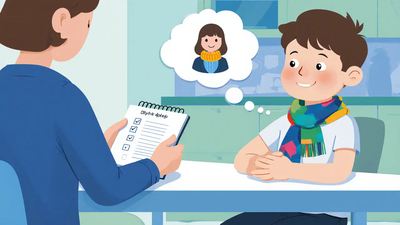 Rodič s poznámkami u stolu a dítě s bublinou představujícím přátelského psychologa.