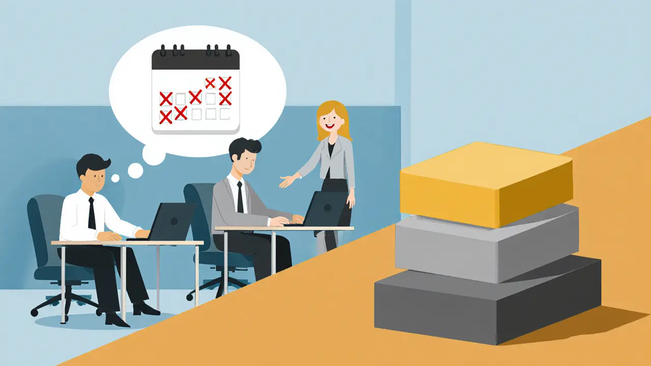 Kancelář s pracovníky, kalendářem méně chybějících dní a terapeutem, naznačujícím lepší ROI.