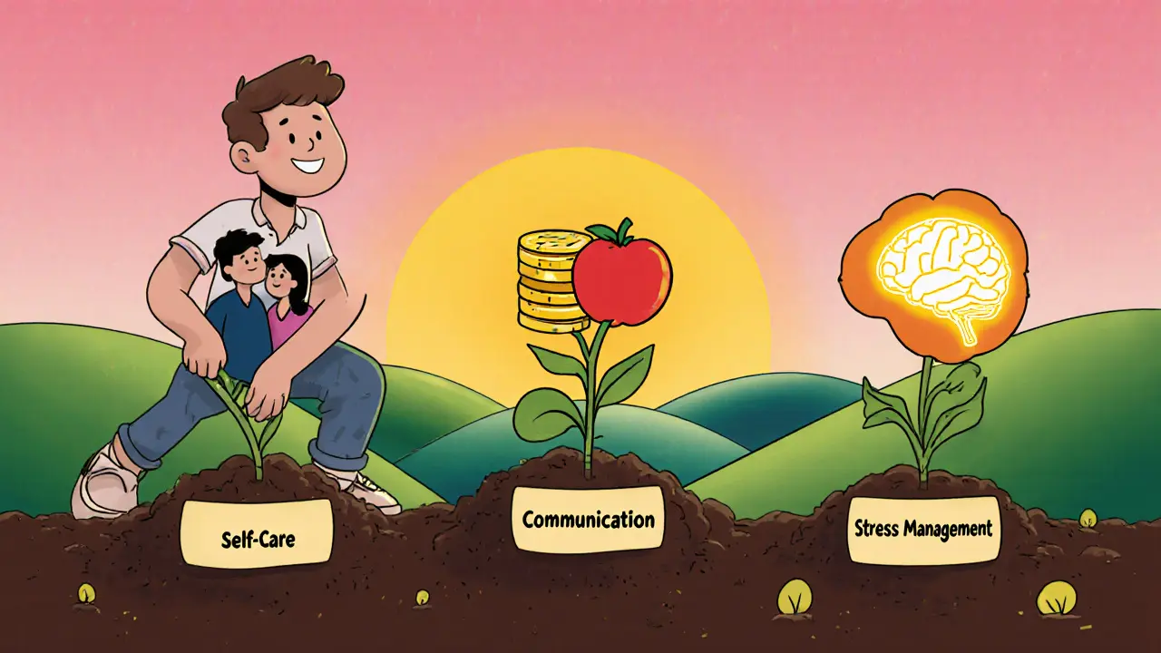 Osoba sázející semínka péče o sebe, která vyrůstají v ovoce znázorňující šťastný vztah, finance a zdravý mozek.