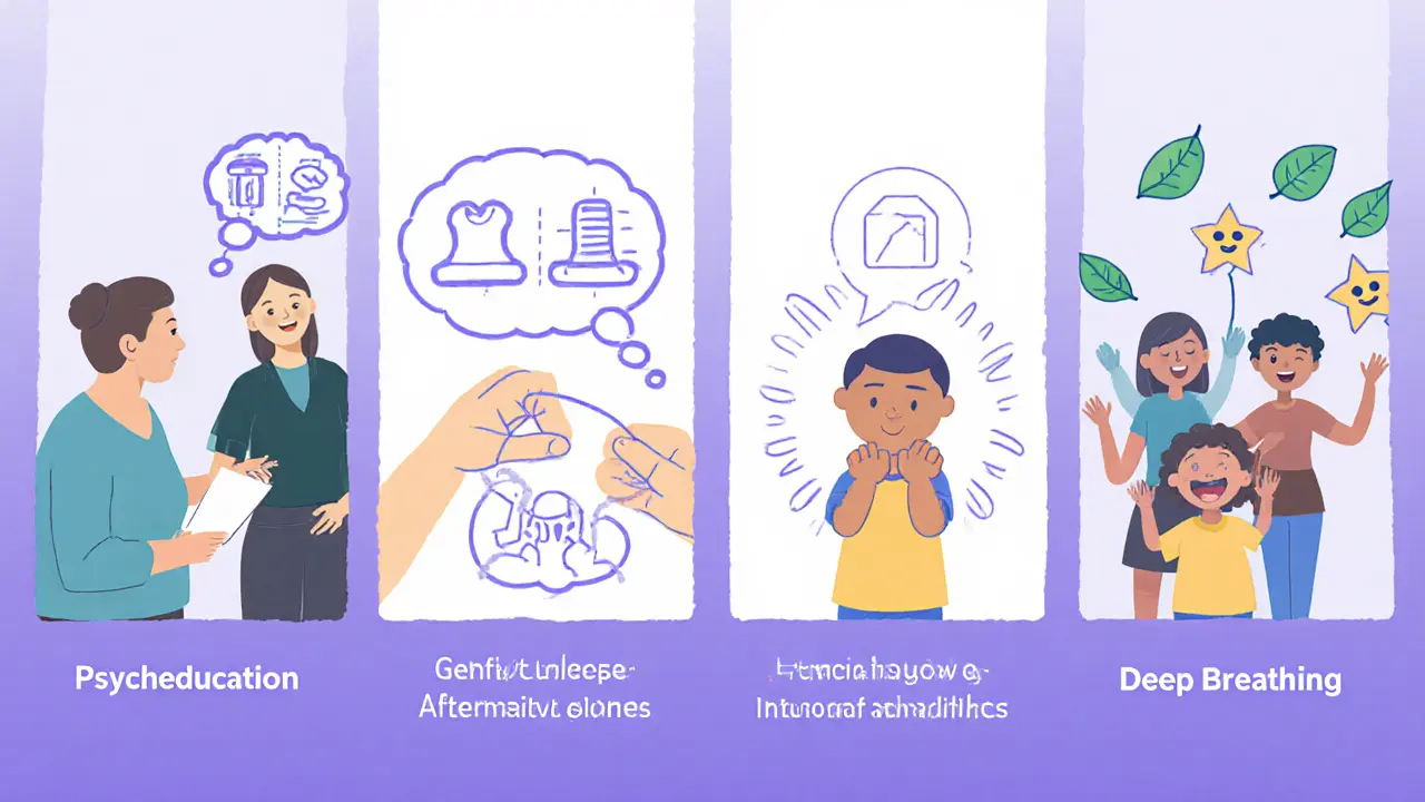 Rozdělená scéna ukazuje pět částí CBIT: edukaci, spouštěč, alternativní reakci, podporu a relaxaci.