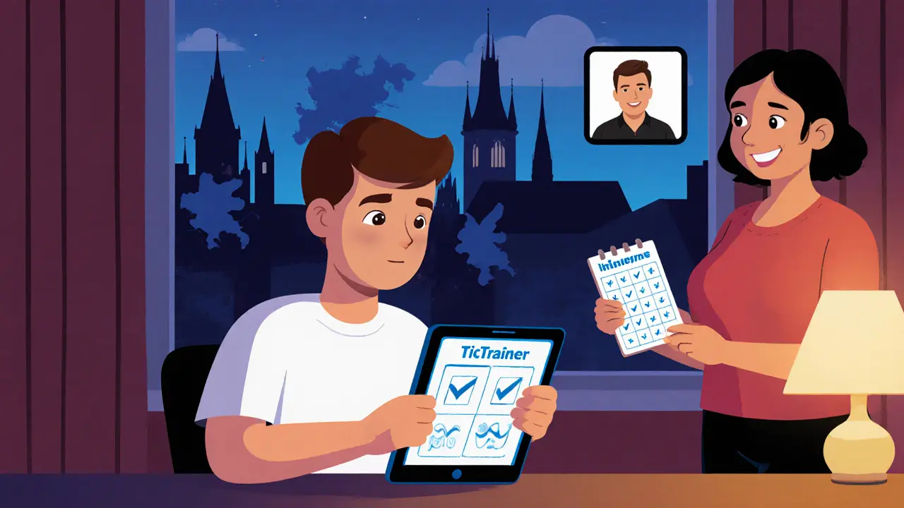 Teenager používá aplikaci TicTrainer, rodič ho podporuje a probíhá videohovor s terapeutem.