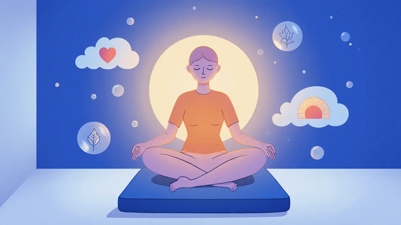 Klient praktikuje mindfulness, v teplém měkkém světle, kolem plovoucí bubliny s představou soucitného mentora.