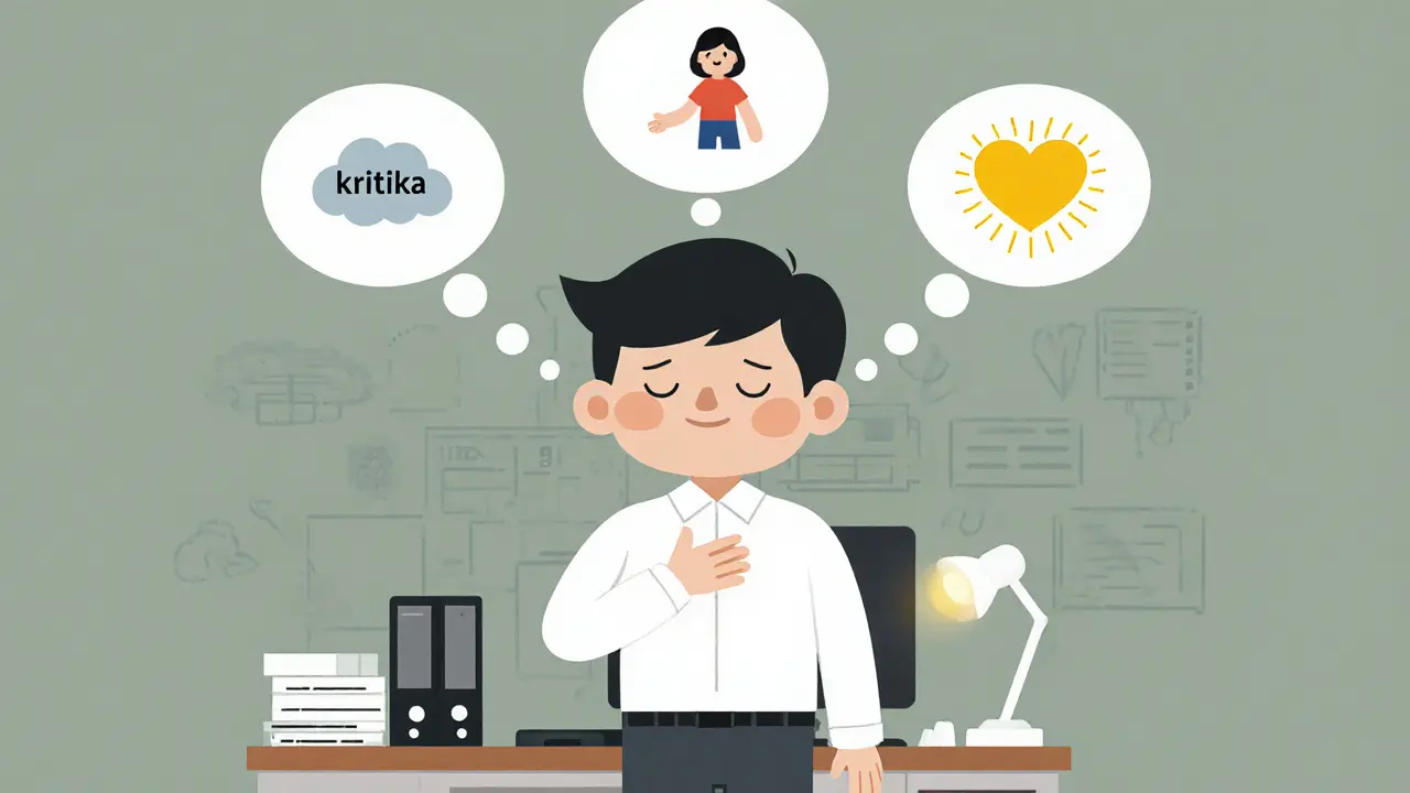 Osoba během pracovní pauzy provádí tříkrokové cvičení sebekompasí, se zobrazenými myšlenkovými bublinami.