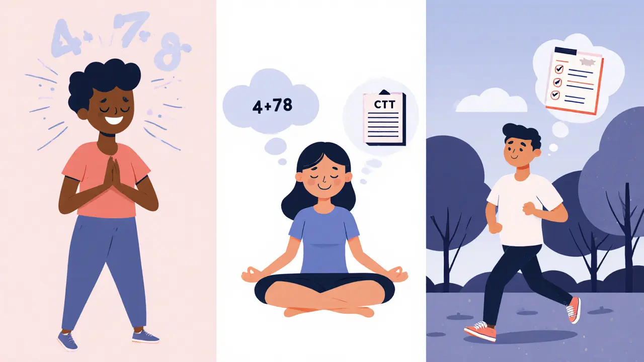 Panelová ilustrace ukazuje dýchání, meditaci a běh s CBT myšlenkami.