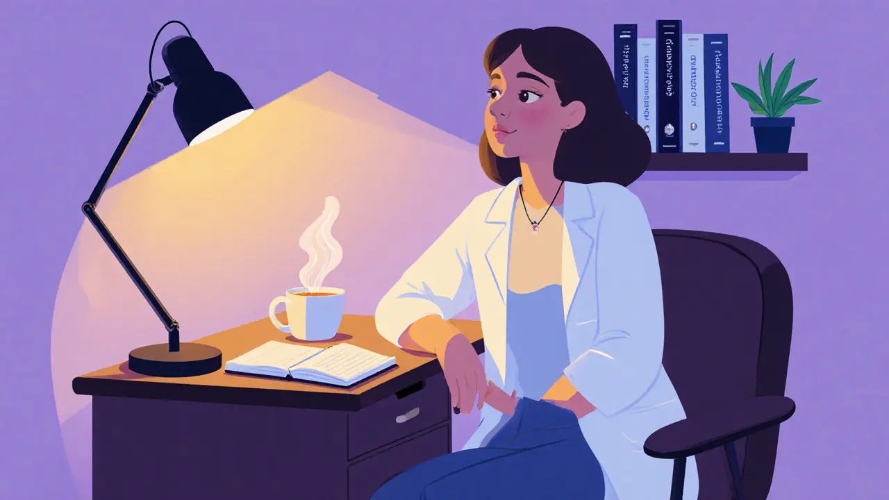 Terapeut odpočívá u deníku a šálku čaje, v pozadí knihovna.