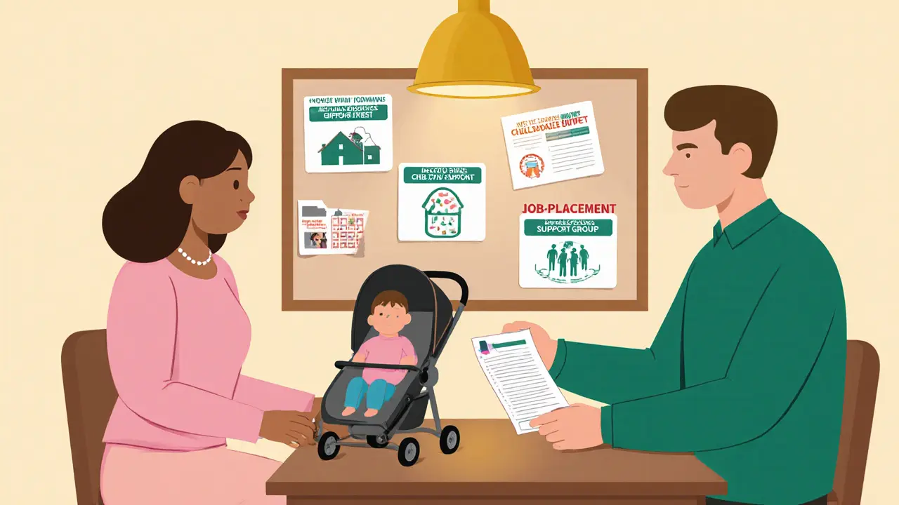 Terapeut pomáhá ženě s kočárkem a muži s pracovním seznamem, ukazující dlouhodobou podporu.