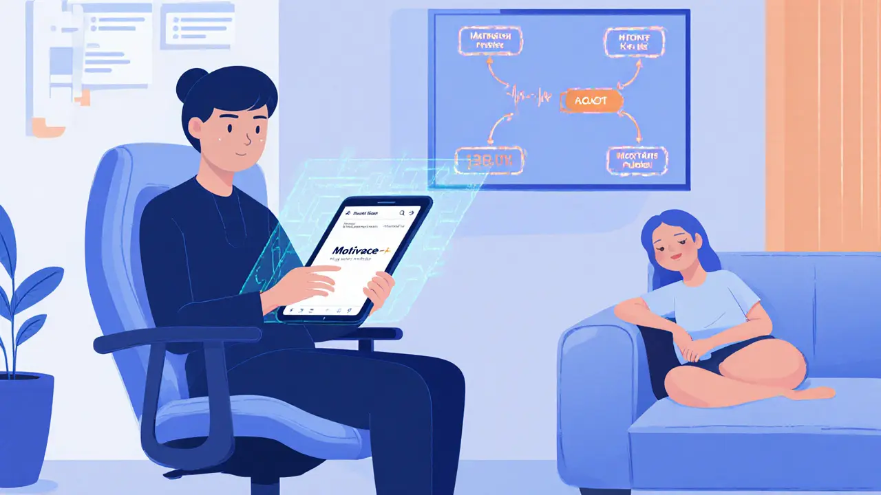 Terapeut používá tablet s aplikací, hologram ukazuje biometrické údaje.