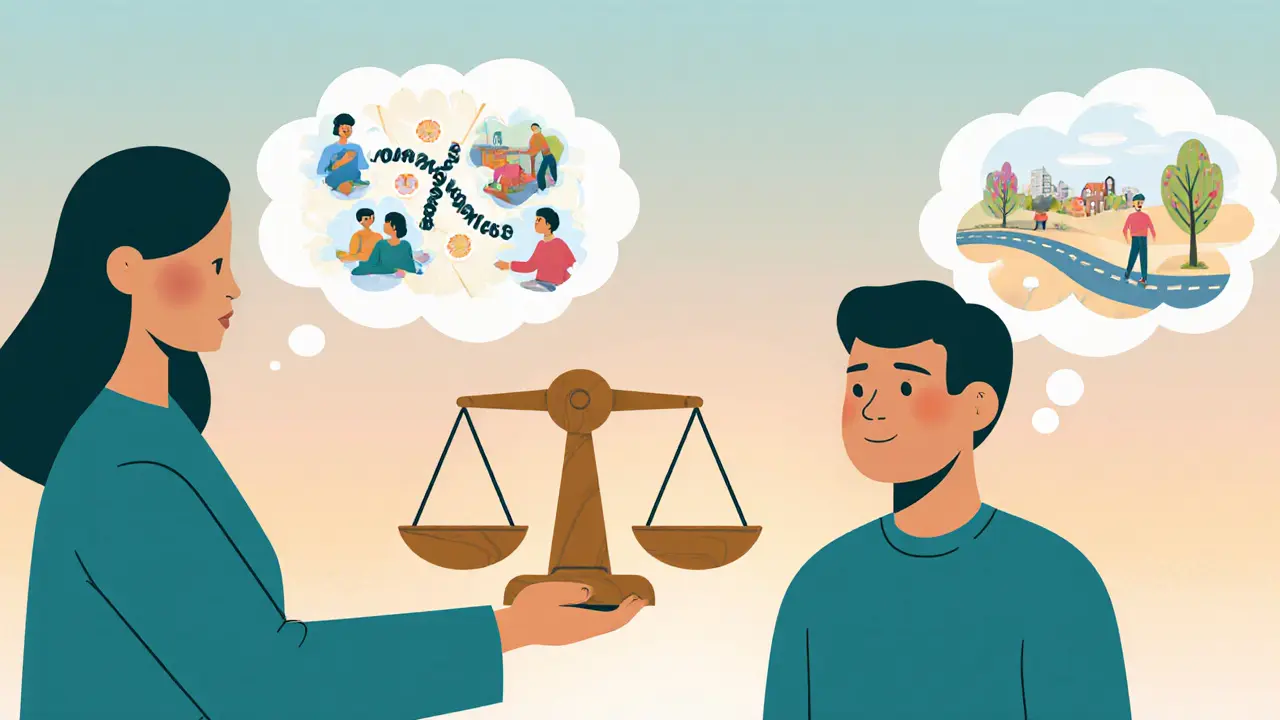 Terapeut ukazuje váhu mezi dvěma možnostmi, klient přemýšlí o ambivalenci.