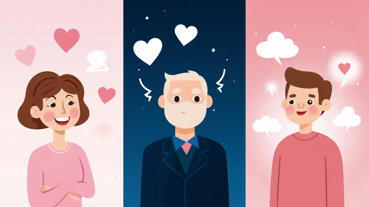 Tři panelové zobrazení pozitivního, negativního a romantického přenosu.