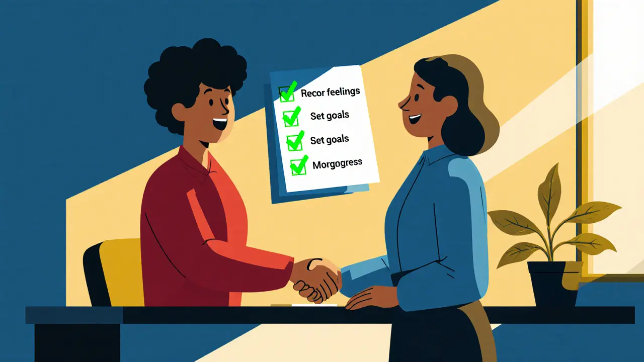 Klient a nový terapeut si podávají ruce, vedle kontrolní seznam úspěchu.