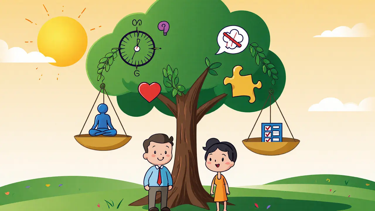 Klient stojí před rozhodovacími ikonami ACT a KBT, naznačující integraci.