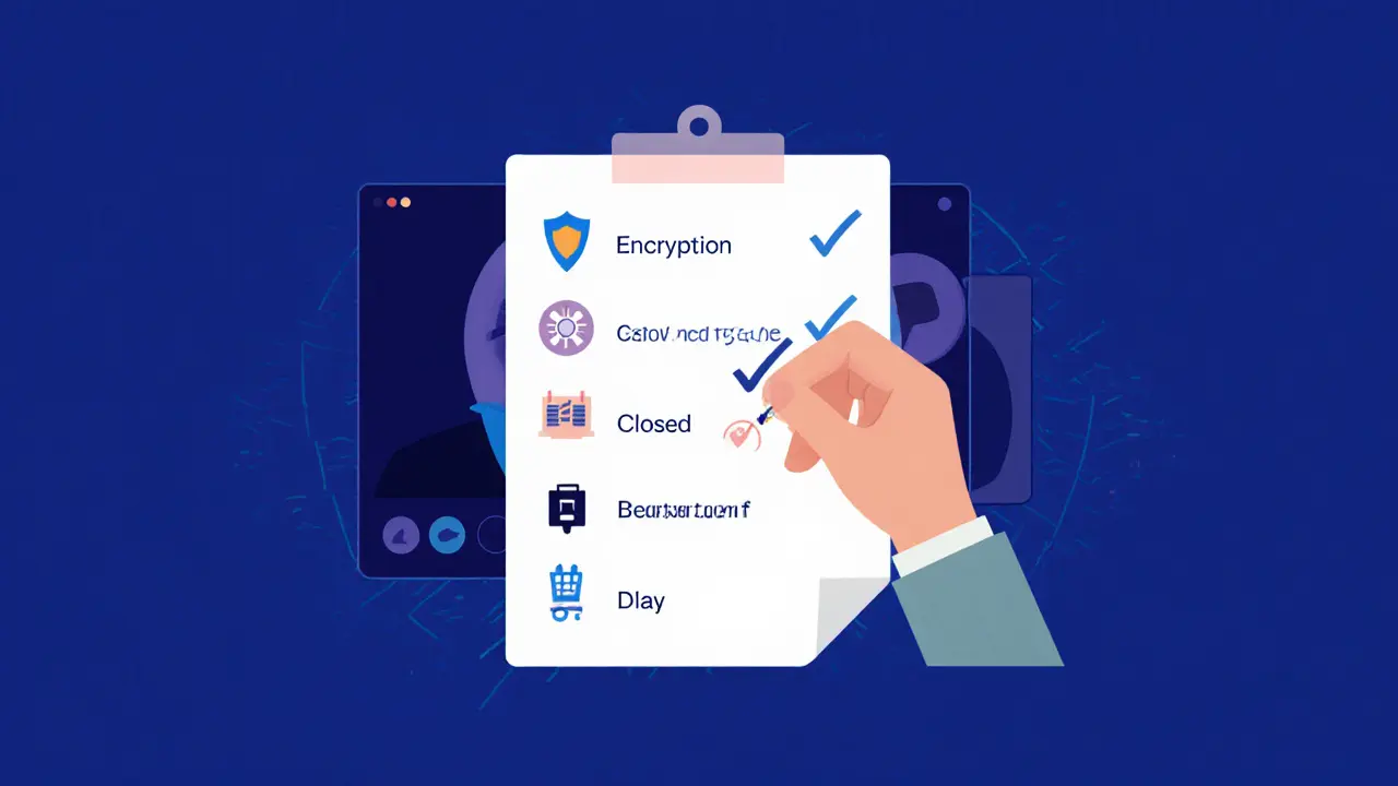 Kreslený seznam úkolů pro bezpečnou online terapii s pěticestnými ikonami.