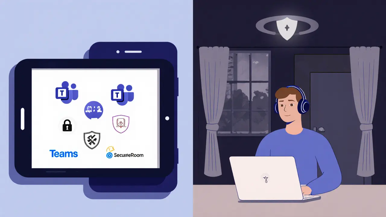 Rozdělený obrázek: bezpečné platformy na mobilech a soukromá místnost s nasazenou hlavou.