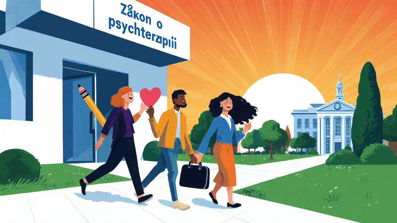 Různorodí lidé vycházejí z kliniky do slunečného parku, ukazují růst.