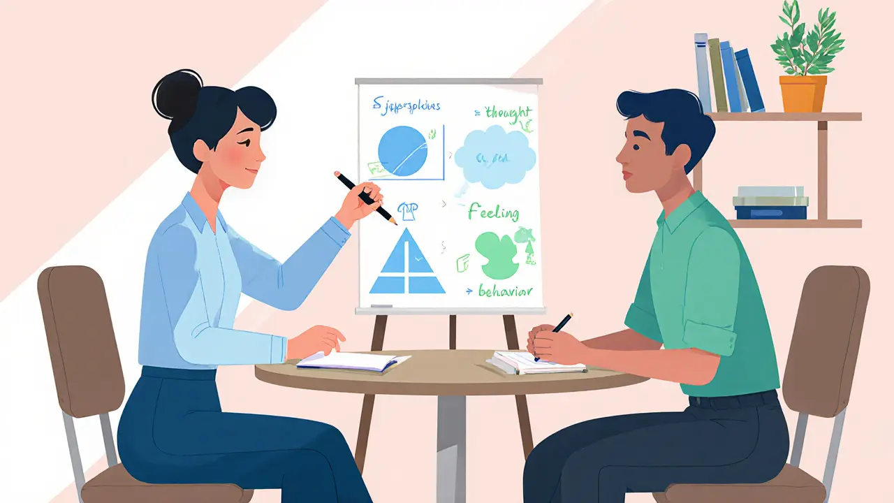 Terapeut a klient spolu u stolu, terapeut ukazuje CBT diagramy.