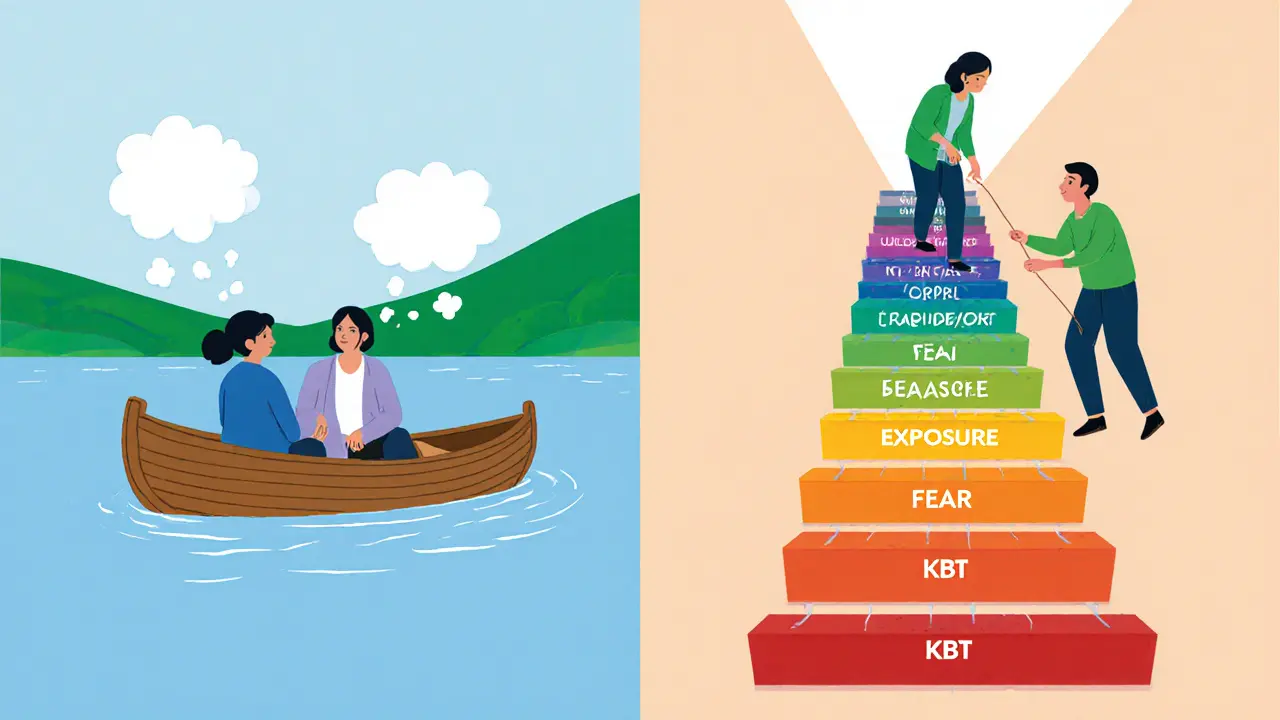 Terapeut vede klienta skrze mindfulness na lodi a expozici na schodech.