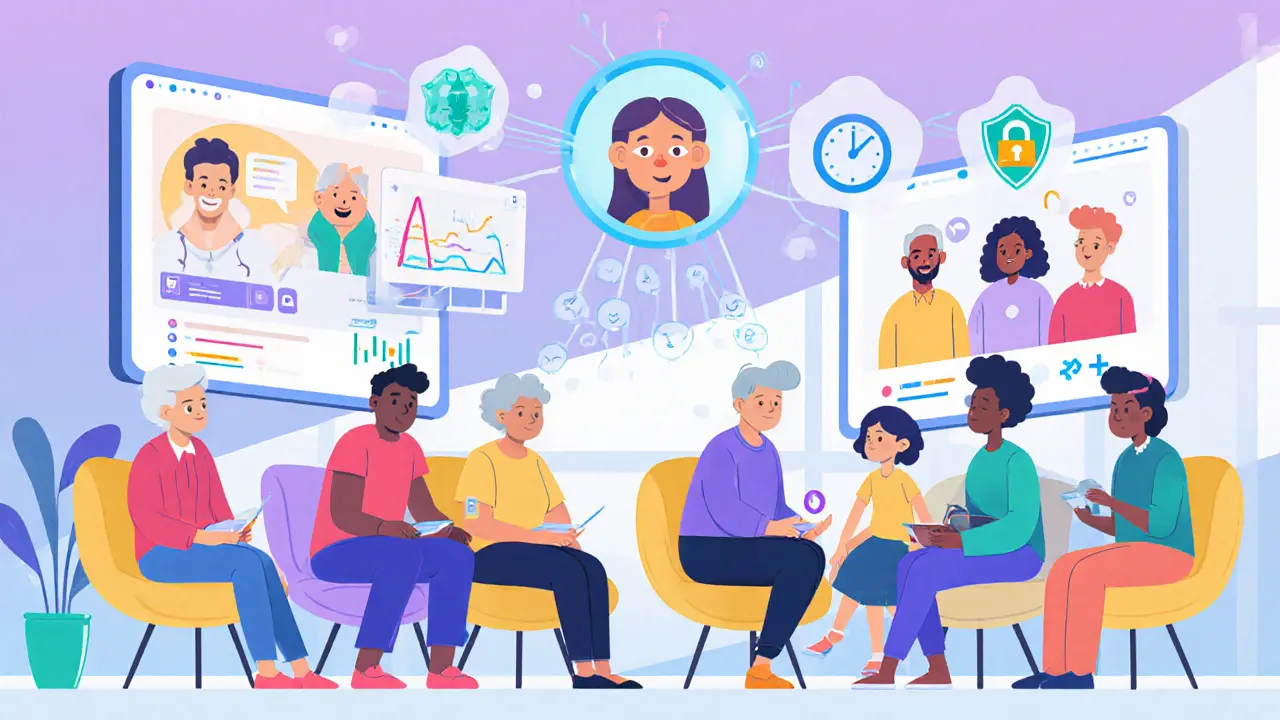 Budoucí hybridní terapie s AI, inkluzivními skupinami a zabezpečeným připojením, kresba UPA stylu.