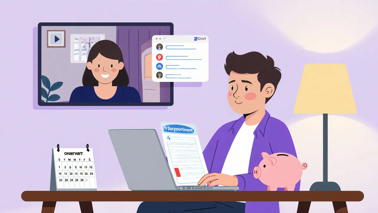 Osoba vyplňuje online dotazník a plánuje terapii, s kalendářem a prasátkem, UPA styl.