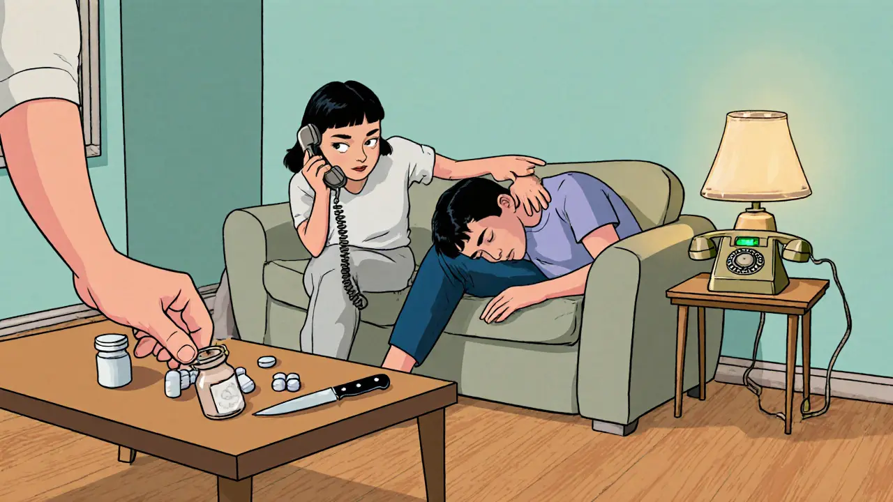 Přátelé odstraňují nebezpečné předměty a volají krizovou linku v útulném pokoji.