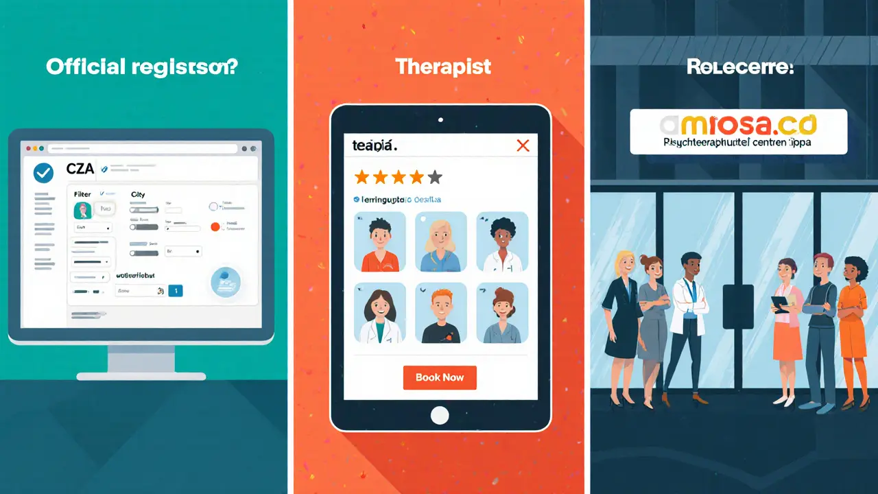 Rozdělený obrázek ukazující registr CZAP, online platformu a specializované centrum, UPA ilustrace.