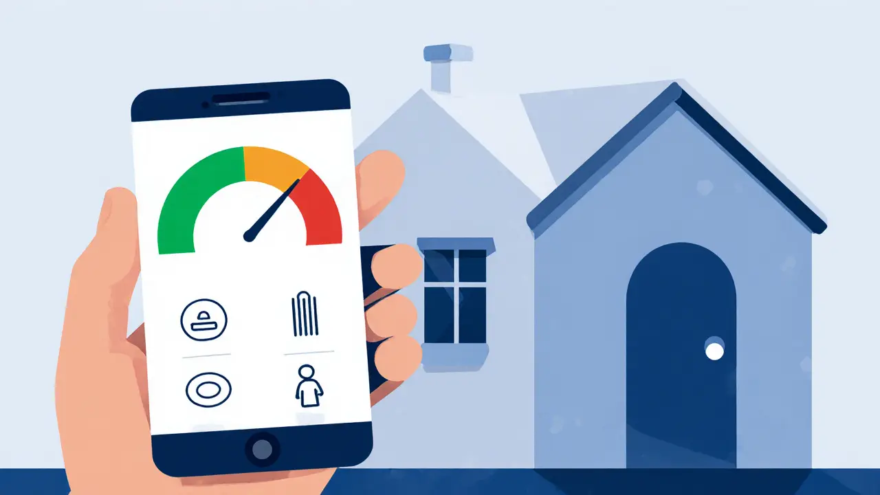 Ruka drží telefon s abstraktním ukazatelem nálady a ikonkami spouštěčů, v pozadí chráněné bydlení.