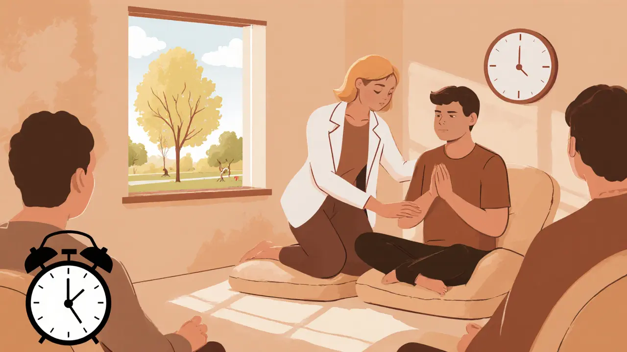 Terapeut a klient cvičí dechové techniky v útulném terapeutickém prostoru.