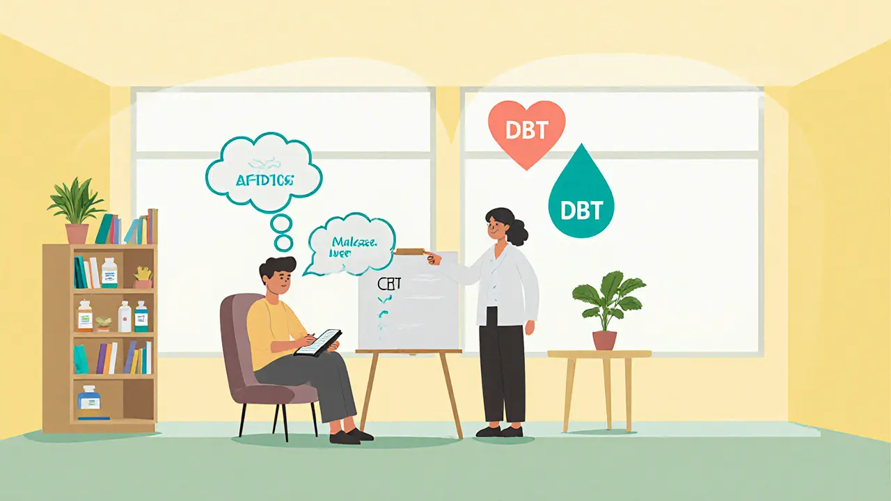 Terapeut a pacient v jasné kanceláři, ukazují CBT a DBT s nádechem optimismu.