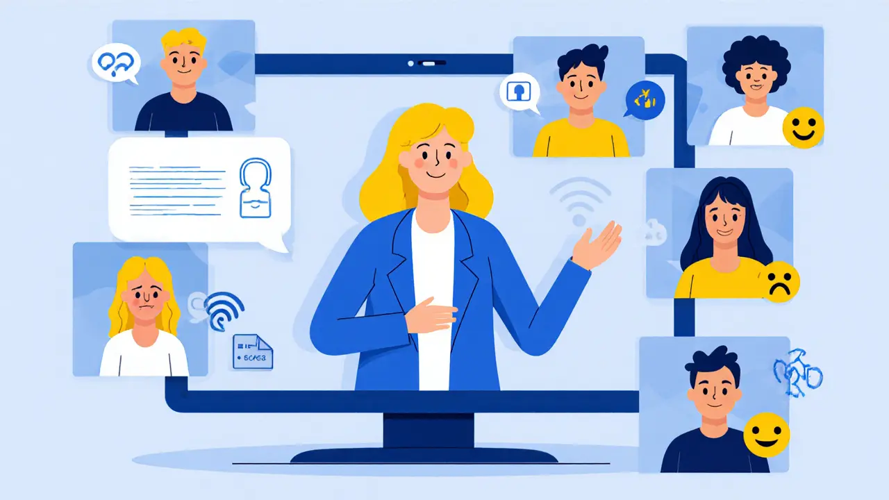 Terapeut vede online skupinu, na obrazovce jsou účastníci a AI analýza emocí, UPA ilustrace.