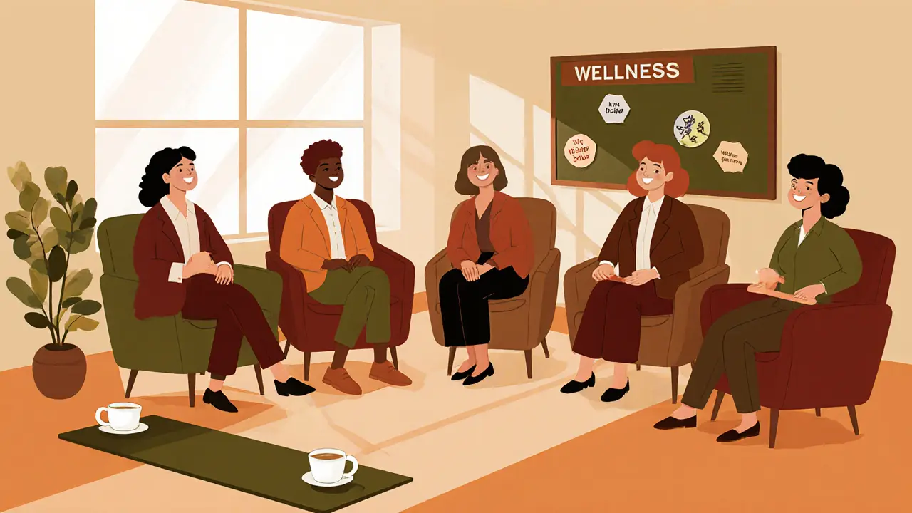 Skupina profesionálů při supervizi a sebereflexi v klidném prostoru.