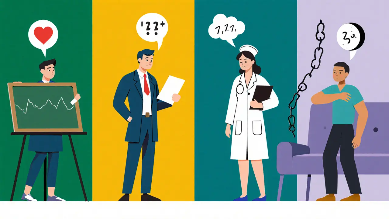 Učitel, sestra, sociální pracovník a terapeut s vizuálními příznaky stresu.