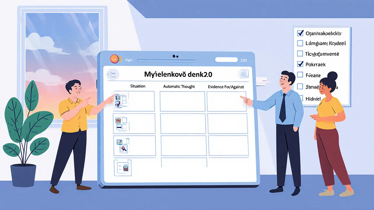 Digitální deník na tabletu, terapeut a klient kontrolují sloupec a seznam úkolů.