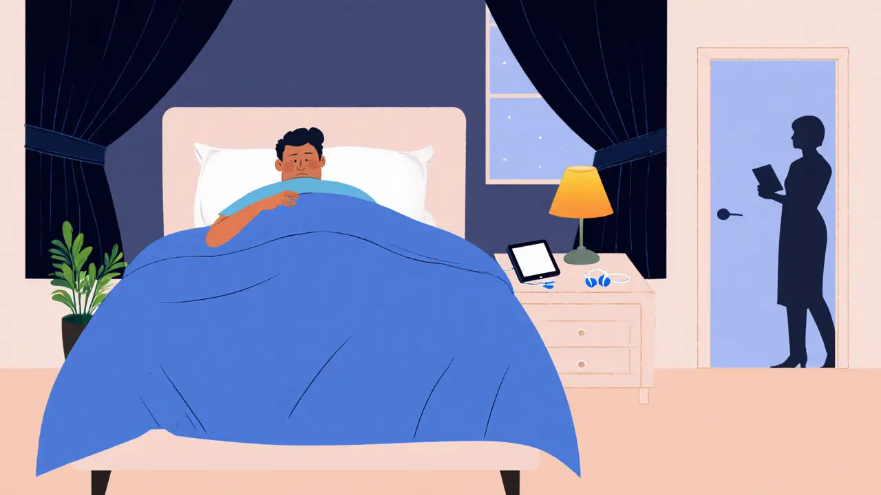 Klidná ložnice s tmavými závěsy, lampou a šeptajícími tipy na lepší spánek.