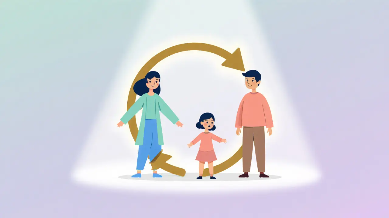 Kruhová dynamika vztahů mezi matkou, dcerou a otcem zobrazená jako propojené šipky.
