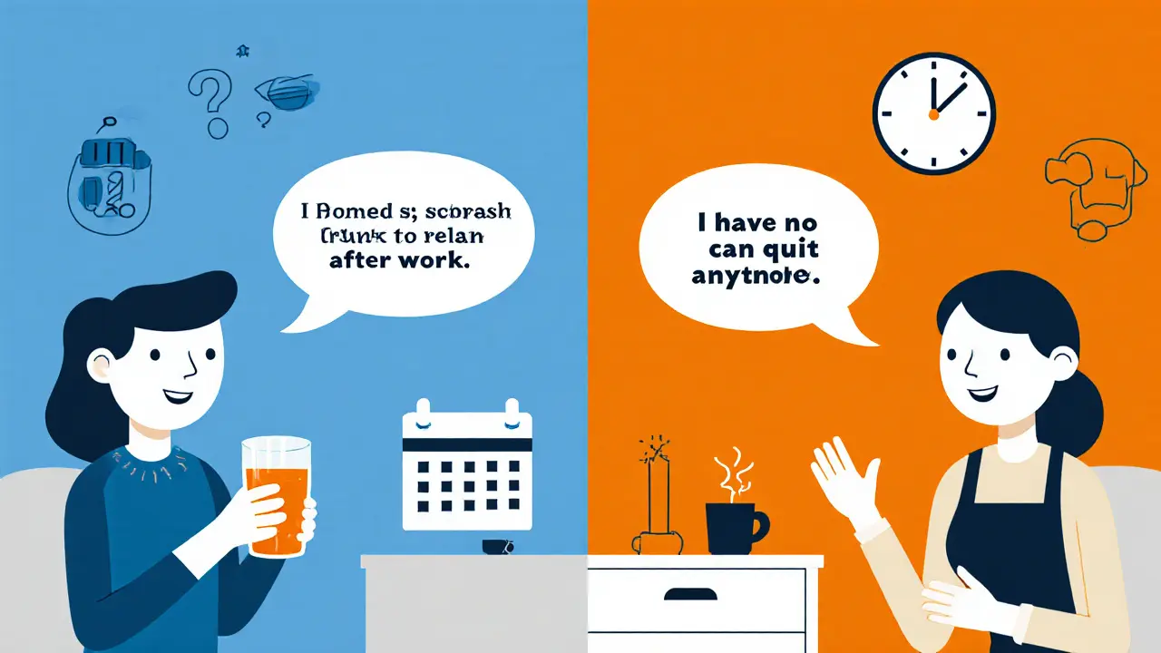 Rozdělená scéna ukazující racionalizaci i popření s typickými výrokami a terapeutem.