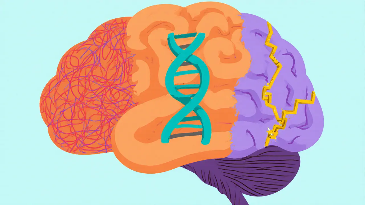 Stylizovaný mozek s červenými nitěmi traumatu, genetickým helixem a přerušeným řetězem attachmentu.