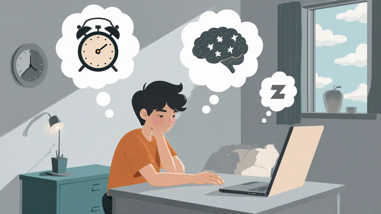  teenager sedí u stolu s bublinami úzkosti a fragmentovaného spánku.