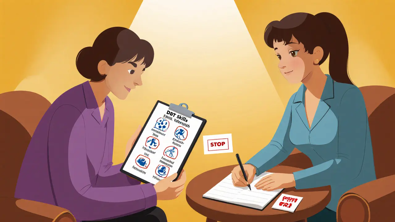 Terapeut a pacient v útulné místnosti, pacient píše do emocionálního deníku, DBT symboly na tabuli.