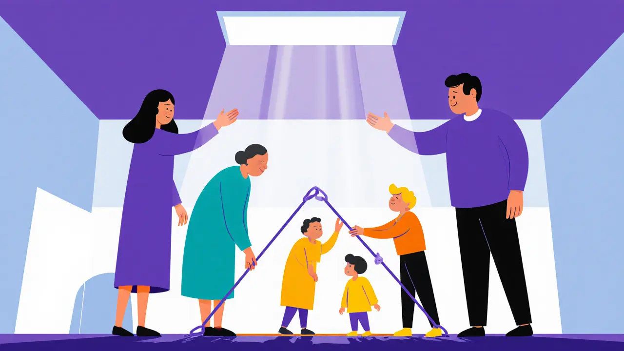 Terapeut uspořádává členy rodiny do nové formy během sochání, symbolizující změnu.