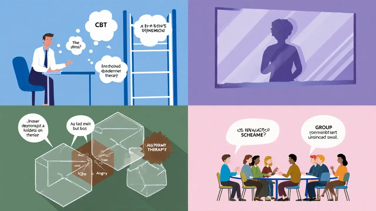 Čtyři panely ukazují CBT, psychodynamickou, schémovou a skupinovou terapii.