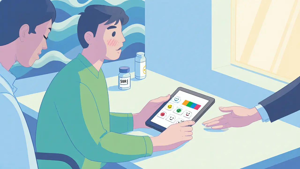Pacient s tabletem, terapeut, léky a symboly mindfulness v pokojíku.