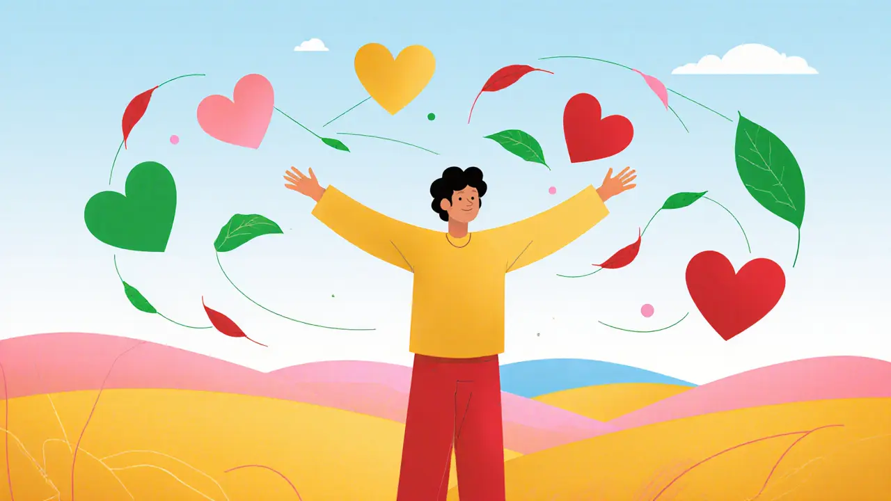 Postava na louce při východu slunce, obklopena srdci a listy, symbolizuje sebecitlivost.