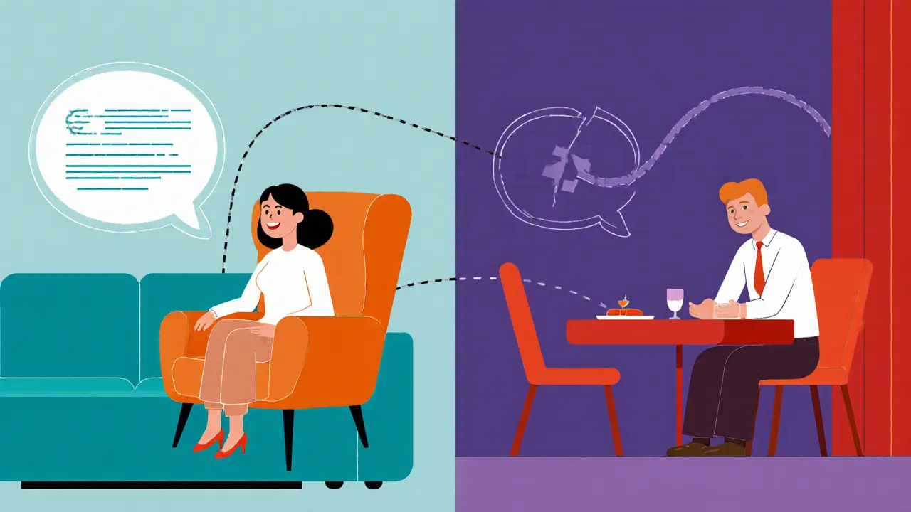 Rozdělená scéna: sdílení zkušenosti vs. pozvání na večeři.