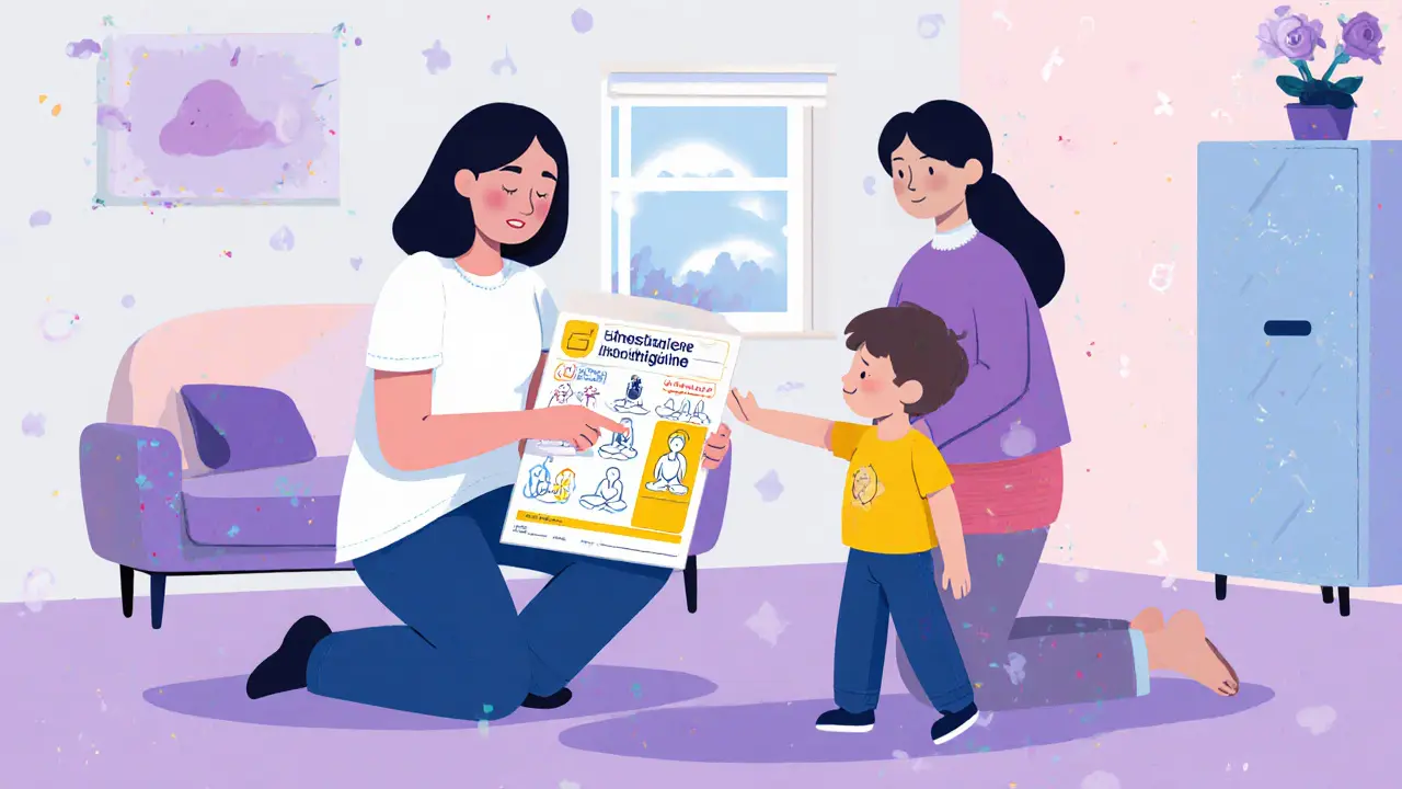 Terapeut, dítě a rodič v terapeutické místnosti, používají vizuální pomůcku k dýchání.