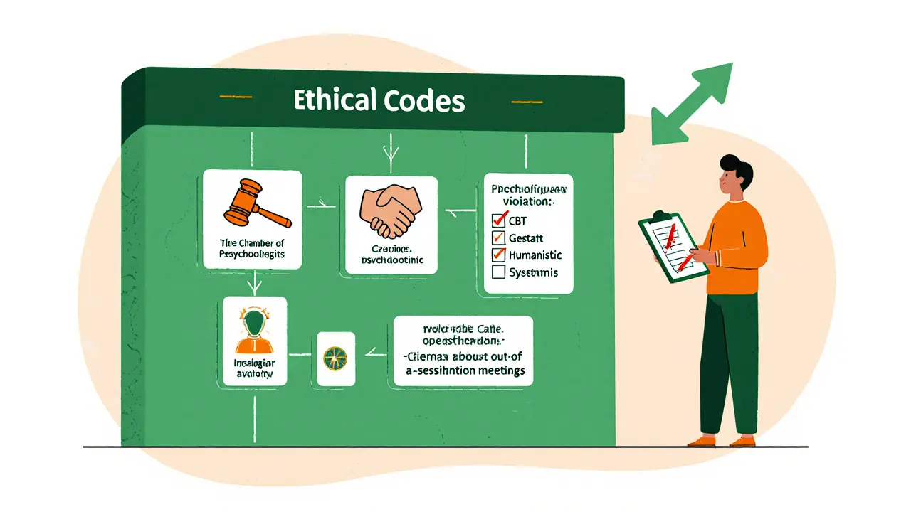 Terapeut před nástěnnou s etikou a symboly různých terapií.