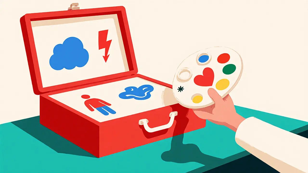 Terapeutova dílna s otevřenou krabicí obsahující ikony čtyř terapií a paleta míchající barvy.