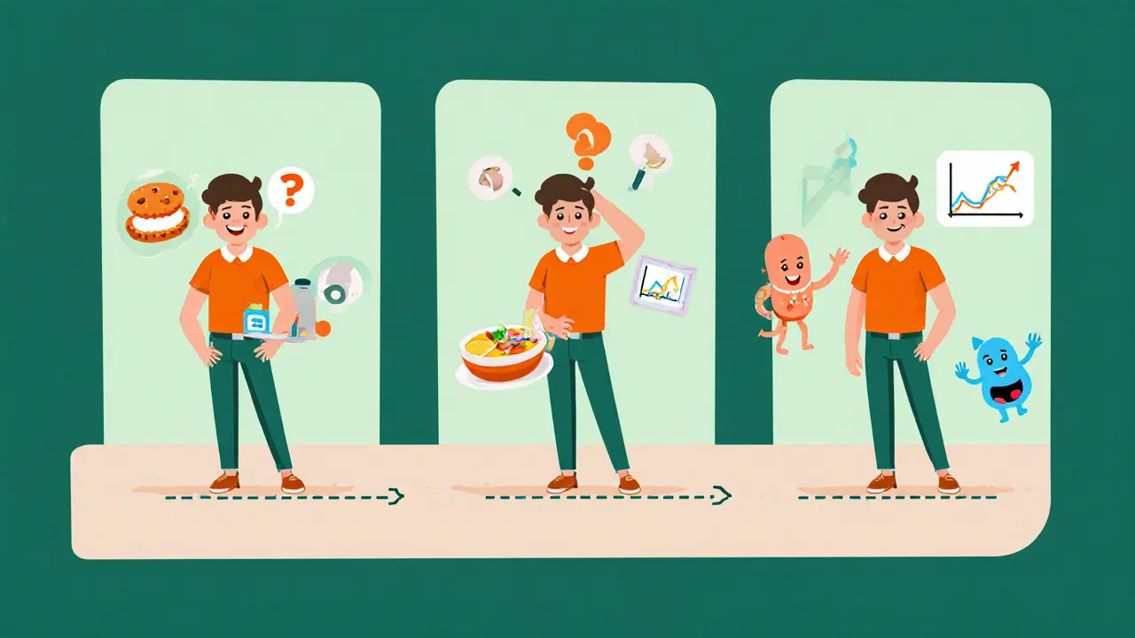 Postupná proměna člověka od nezdravého po zdravé stravování s postavami hormonů.