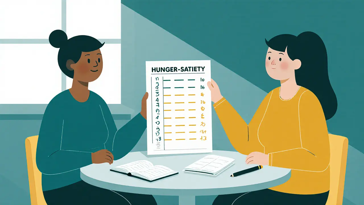 Terapeut a klient hodnotí hlad a sytost u stolu s papírovým listem.