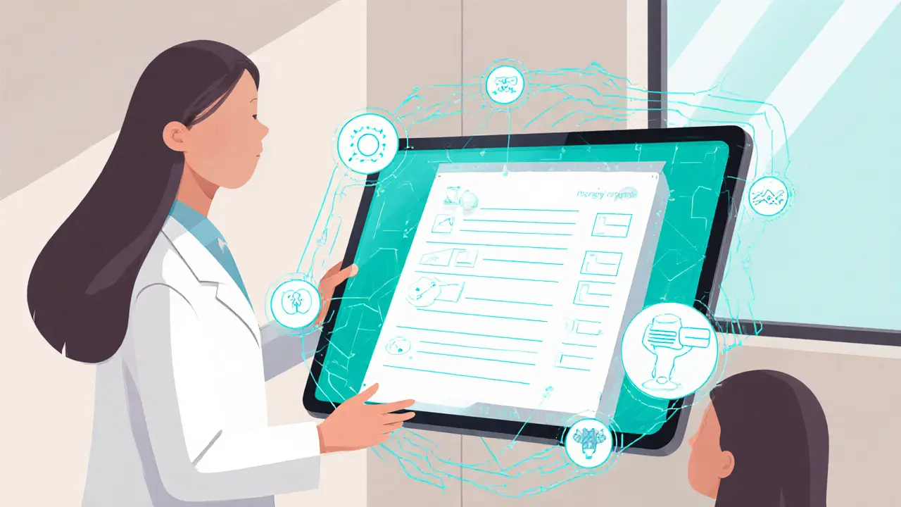 Digitální adaptivní list na tabletu, AI hodnocení a terapeut v UPA ilustraci budoucnosti.