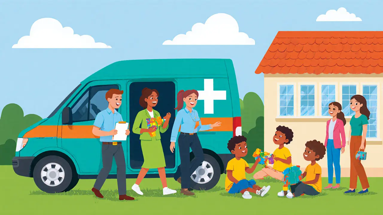 Mobilní tým v barevném voze navštěvuje školu, pomáhá dětem a učitelům.